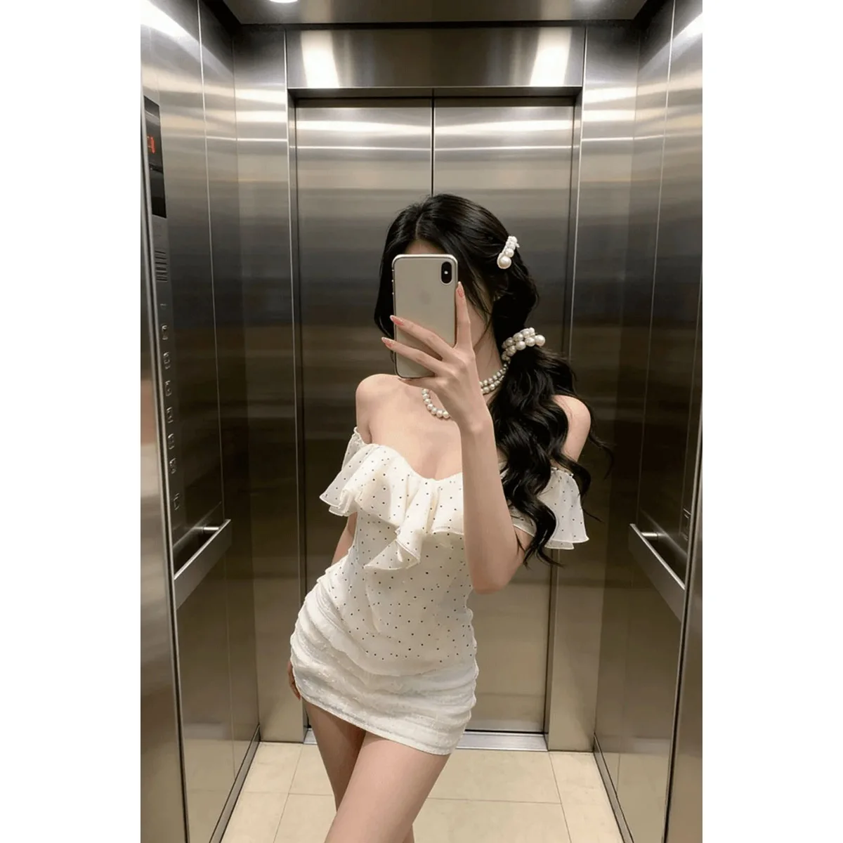 2026 Summer New Retro Polka Dot One-word Shoulder Ruffle Edge Top White Short Skirt Two-piece Set Women