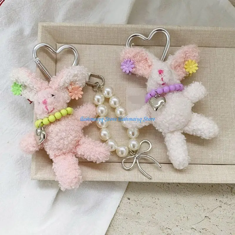 573B Plush Rabbit Keychain With Pearls Hairpin Detachable Bag Charm Adorable Rabbit Keyring Decors For Backpack Accessories