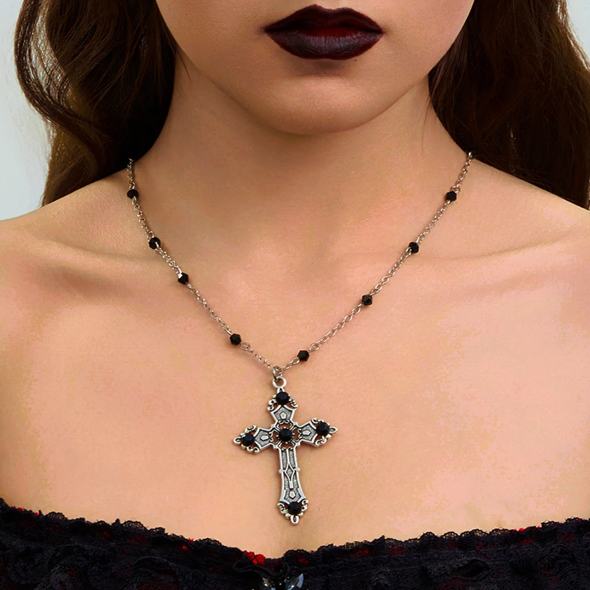 PuRui Vintage Gothic Crystal Cross Pendant Necklace Women Goth Clavicle Chain Necklace Halloween Jewelry Accessories Gift New