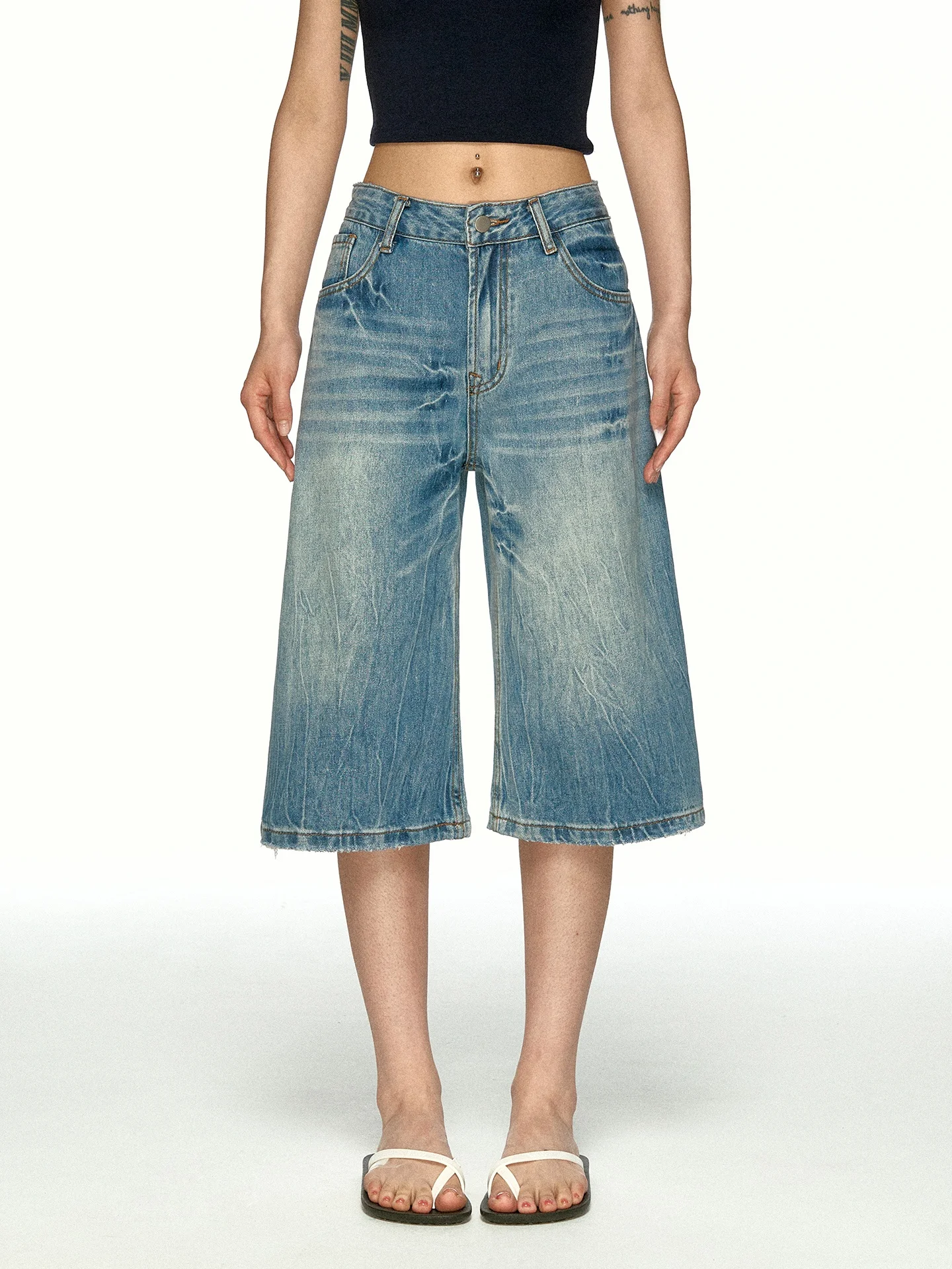 Aaisup American Retro Washed Knife  Jeans Women Summer New Loose Versatile Slimming Wide Leg Seven-Foot Pants