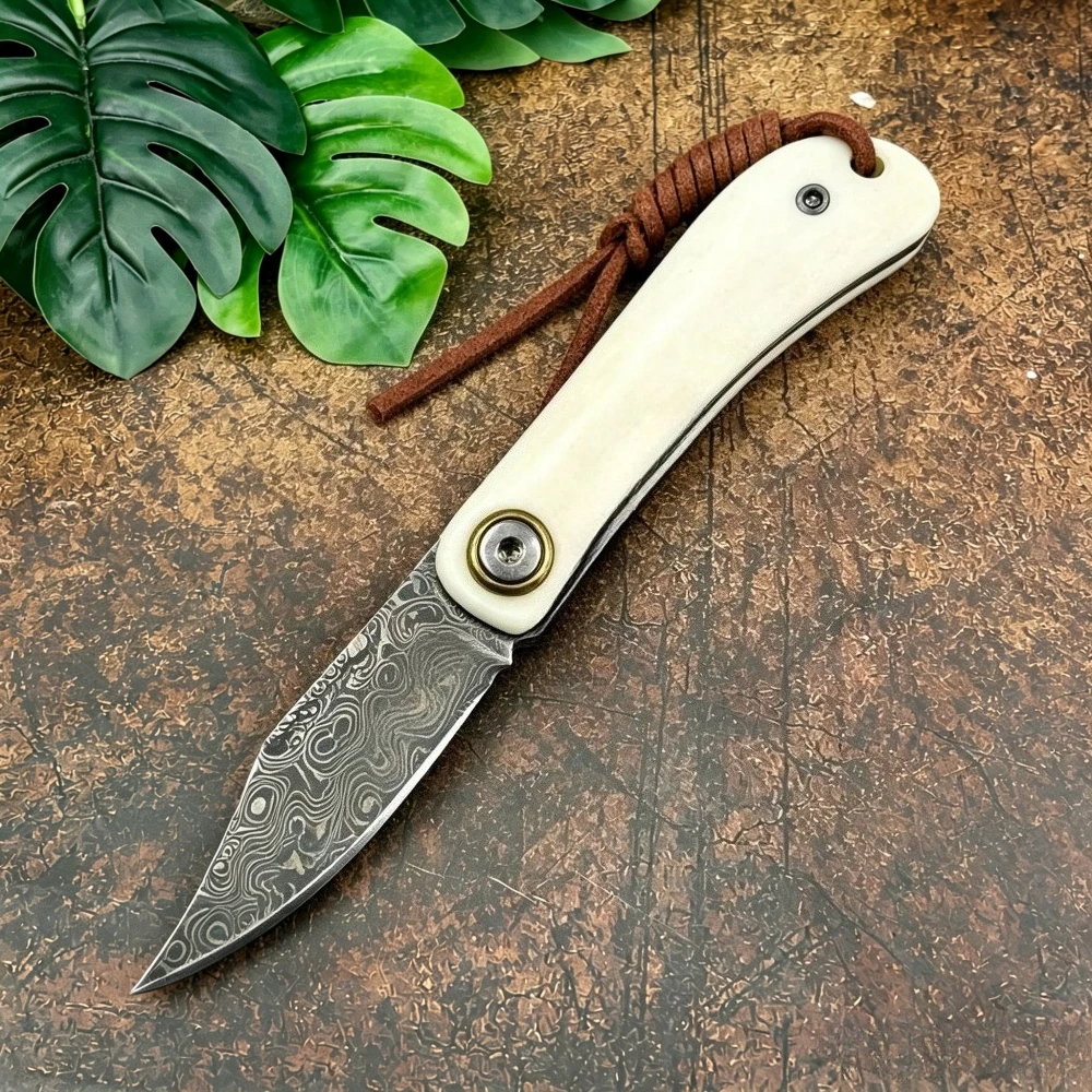 Bone Folder Tool - ダマスカス折りたたみナイフ、高品質牛骨ハンドル付き—日常用アウトドアポケットナイフ、ジャングルアドベンチャー用切削工具、ギフト