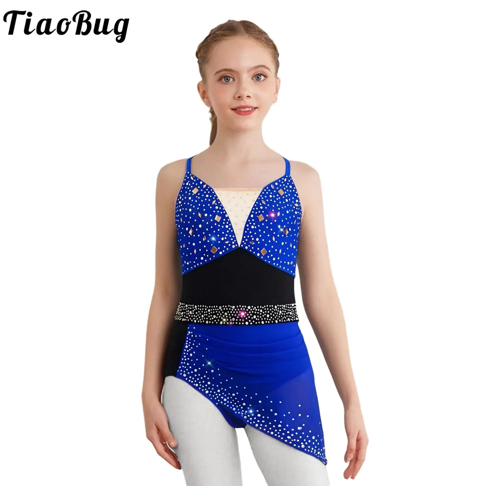 Kids Girls Figure Skating Lyrical Dance Dress Spaghetti Straps Shiny Rhinestones Leotard Ballet Gymnastics Performance Costume