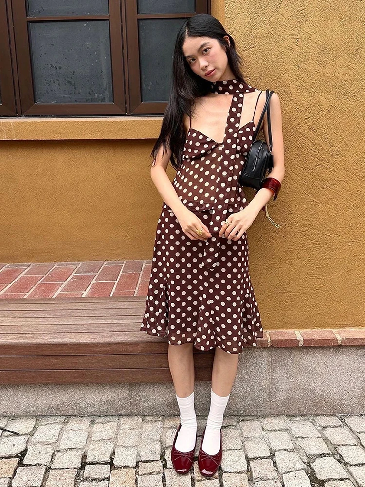 

Weird Puss Polka Dot Print 3-Piece Set Women Scarf+V-Neck Camisole+Irregular Mid Skirts Matching High Street Sweet Elegant Suit