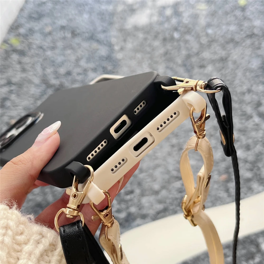 Crossbody Leather PU Chain Lanyard Necklace Soft Silicone Case For iPhone 16 15 11 12 13 14 Pro Max XS X Plus Solid Color Cover