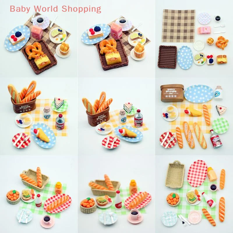 1Set Dollhouse Mini Breakfast Play Dim Sum Bread Jam Plate Model Miniature Kitchen Cooking Baking Model DIY Doll Accessories