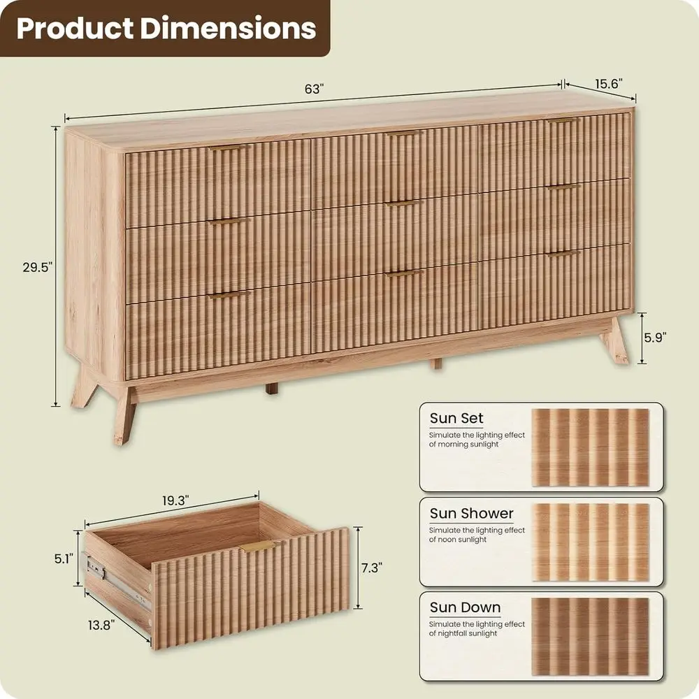 63 Wide 9 Drawer Dresser for Bedroom or Living Room, Rounded Handles, Natural Wood Finish