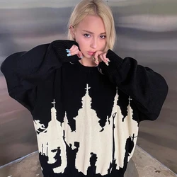 y2k gothic sweater top Hip Hop Men Women Streetwear Vintage Halloween EMO Harajuku Knitted Sweater winter Pullover Loose Retro