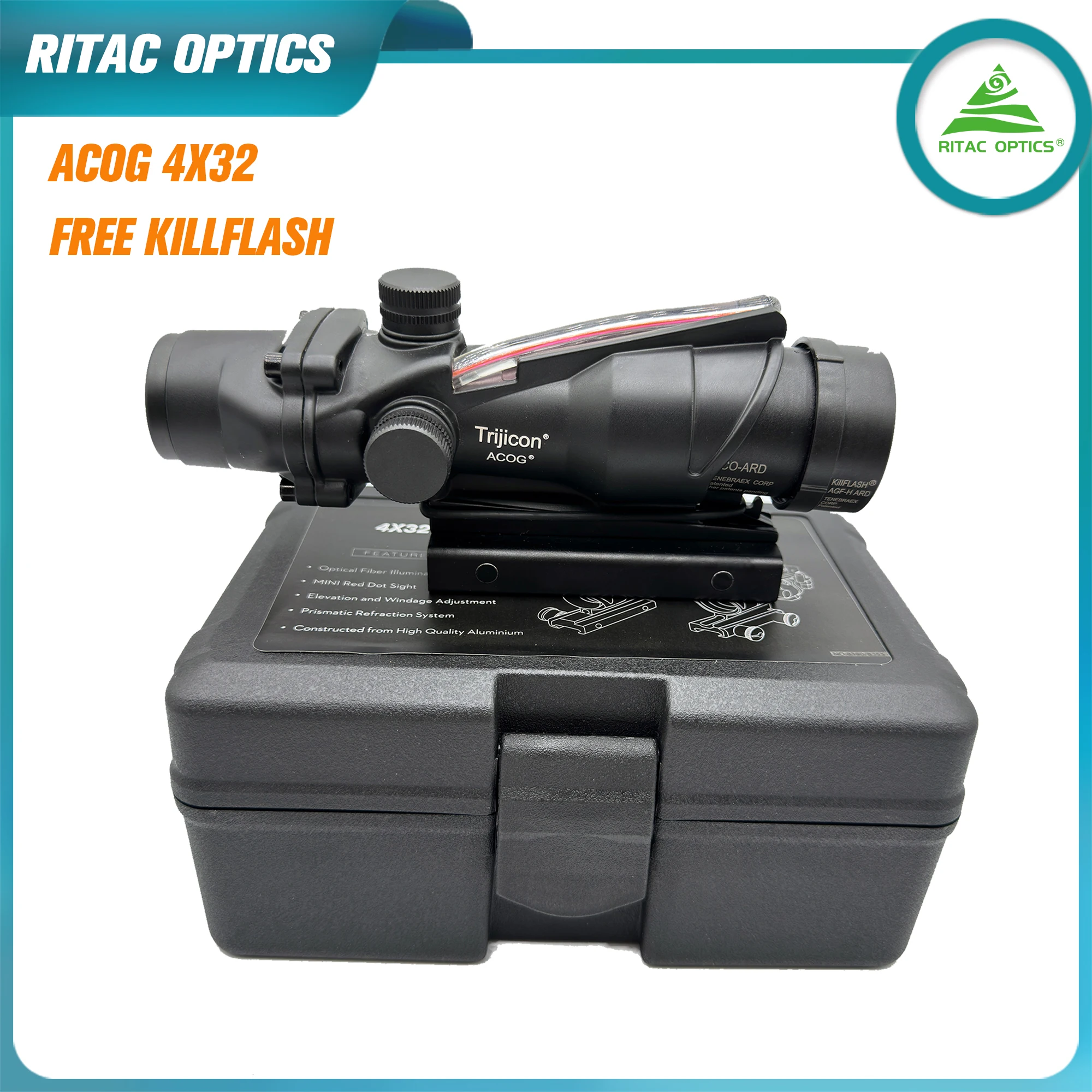 Tactical ACOG 4X32 Style Real Red Fiber Source Duel Illuminated Rifle Scope Hunting Airsoft Rifle Red Green Dot Sight 20mm Rail