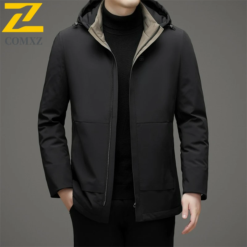 COMXZ Winter Men Short Down Jacket 2025 Luxury Commute Office Thickened Warm Puffer Jacket Business Casual White Duck Down Top