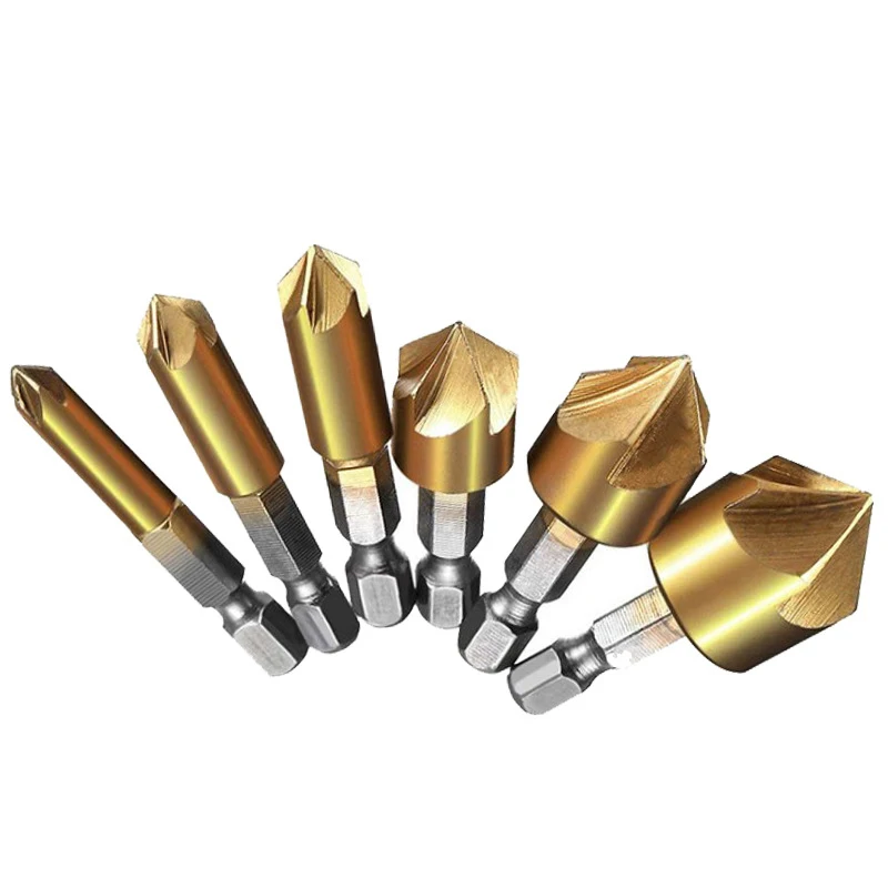 Five-edged chamferer 6PC hexagonal handle titanium-plated reaming 12mm16mm19mm flat head screw countersunk drill drill bit