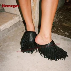 Black Tassel Stiletto Heels Slippers Round Toe Fringe Thin Slip On Women's Mules Leather Solid Summer Outside Casual Shoes Sexy