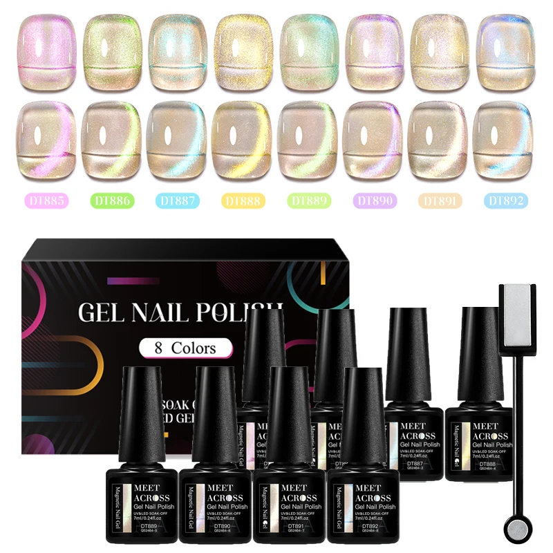 MEET ACROSS 8 pièces/ensemble 9D arc-en-ciel chat vernis à ongles Gel magnétique avec bâton magnétique et boîte tremper Nail Art Gel vernis manucure