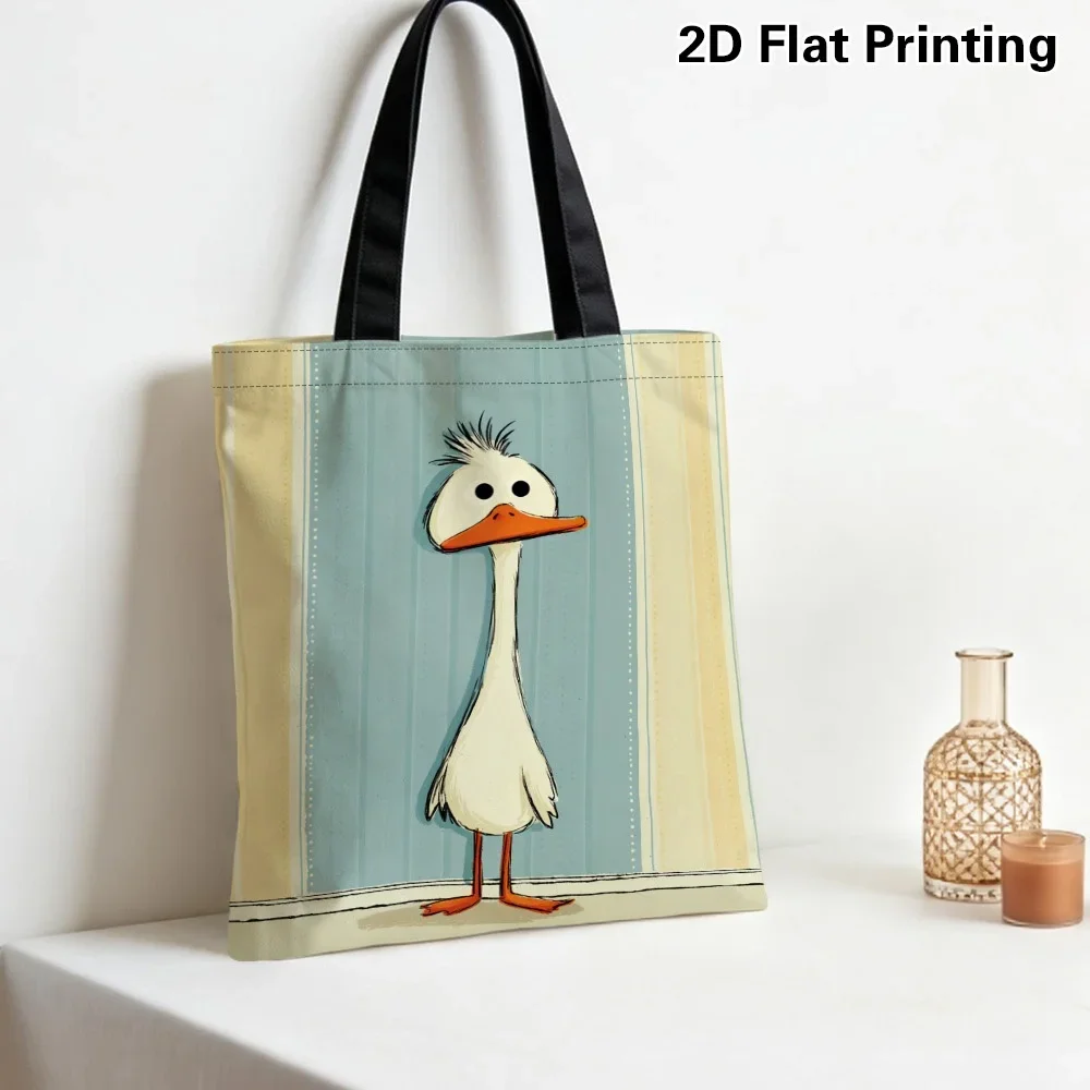 Large Duck Print Tote Bag - Foldable Reusable Shopping Bag with Curious Duck Design, Lightweight Suitable Shoulder Bag