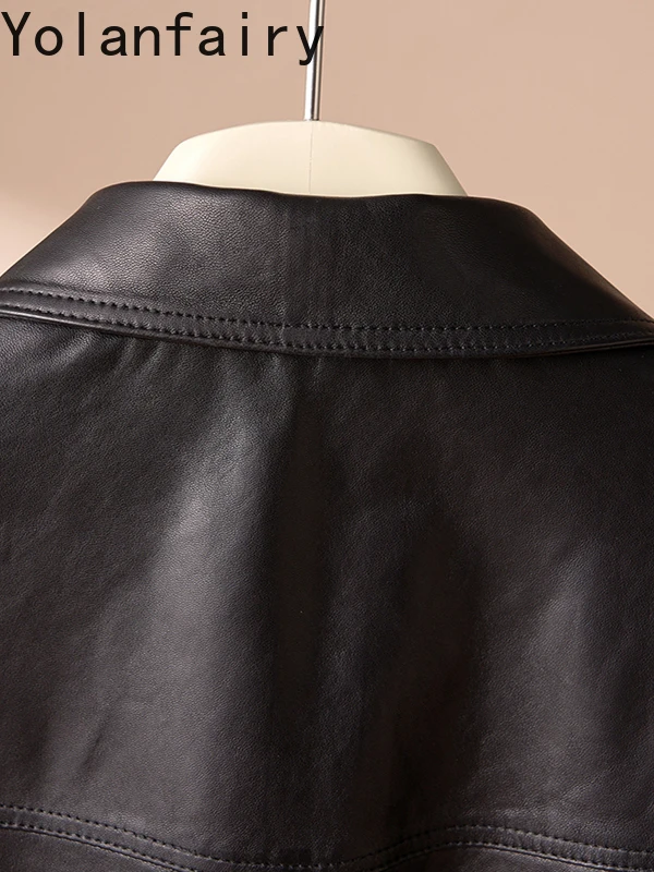 YOLANFAIRY 2025 Primavera Autunno Vera pelle di pecora Giacca di pelle genuina Donna High-end Vintage Cappotto di pelle nera Jaqueta Feminina