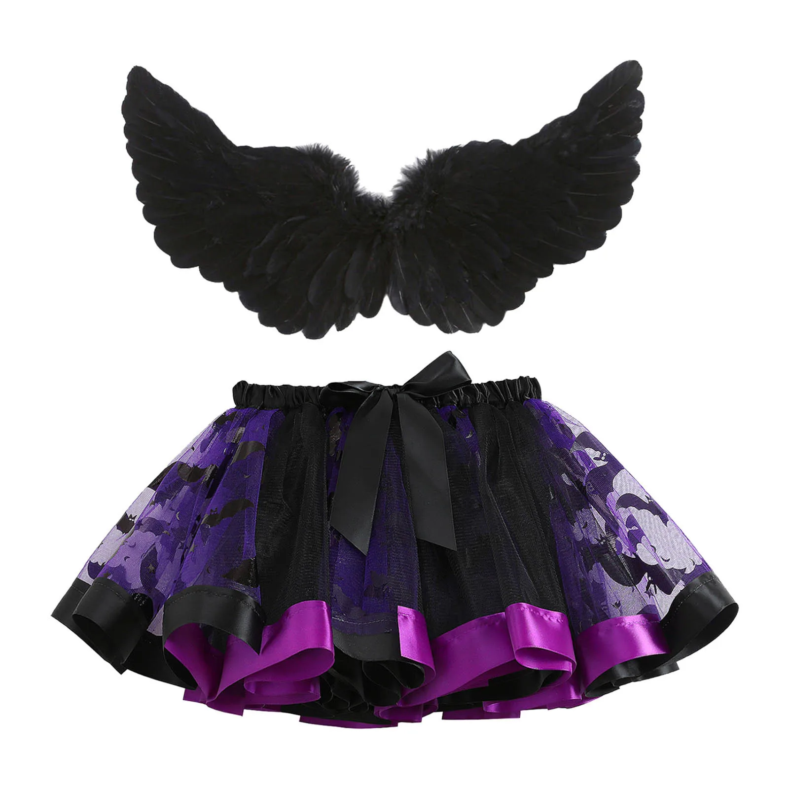 Halloween Kids Girls Ballet Skirts Halloween Costume Party Patchwork Tulle Dance Skirt With Wing Outfits Kid Princess Ballet Set