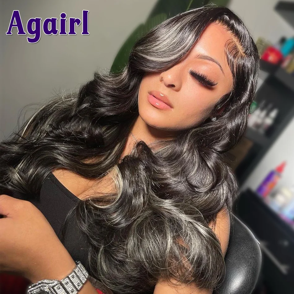 13X4 13X6 Silver Grey With Black Highlight Wig Human Hair Body Wave 30 Inch Lace Frontal Wigs For Women Grey Color 5x5 Lace Wigs