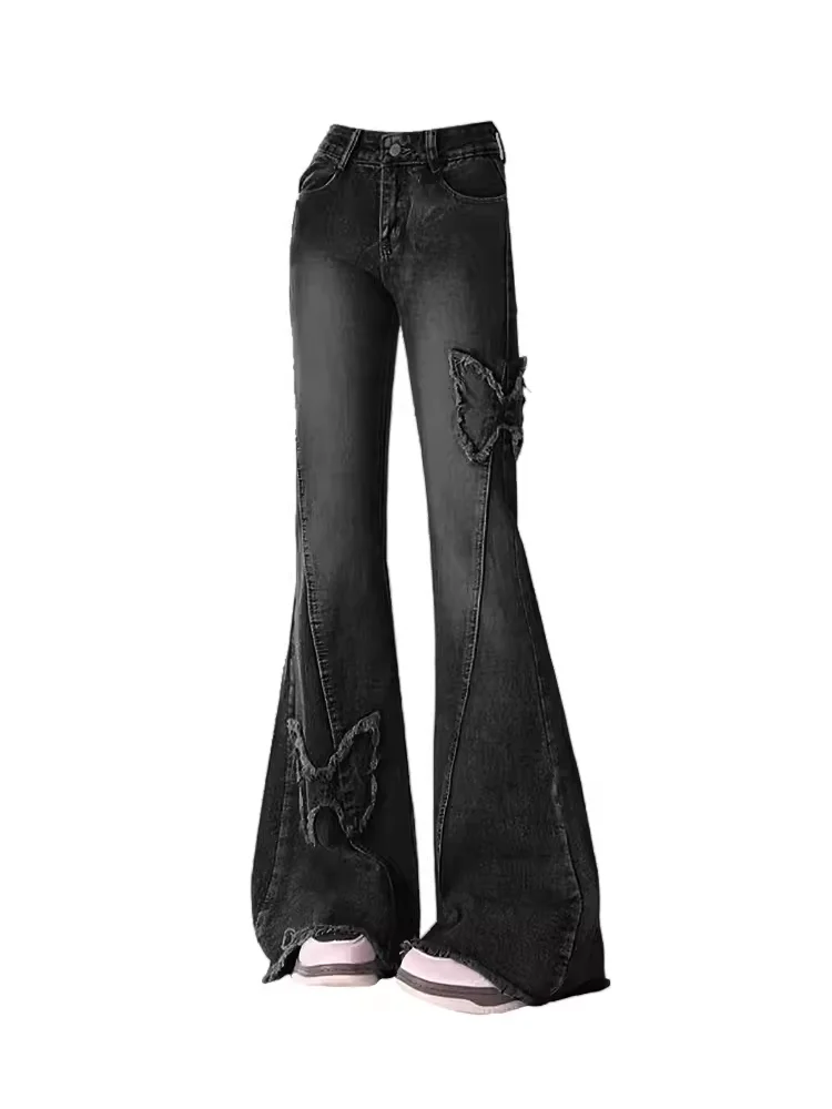 American Retro Butterfly Patch Flared Jeans High Waist Slim Fit Denim Pants Spring Autumn Casual Jean Trousers