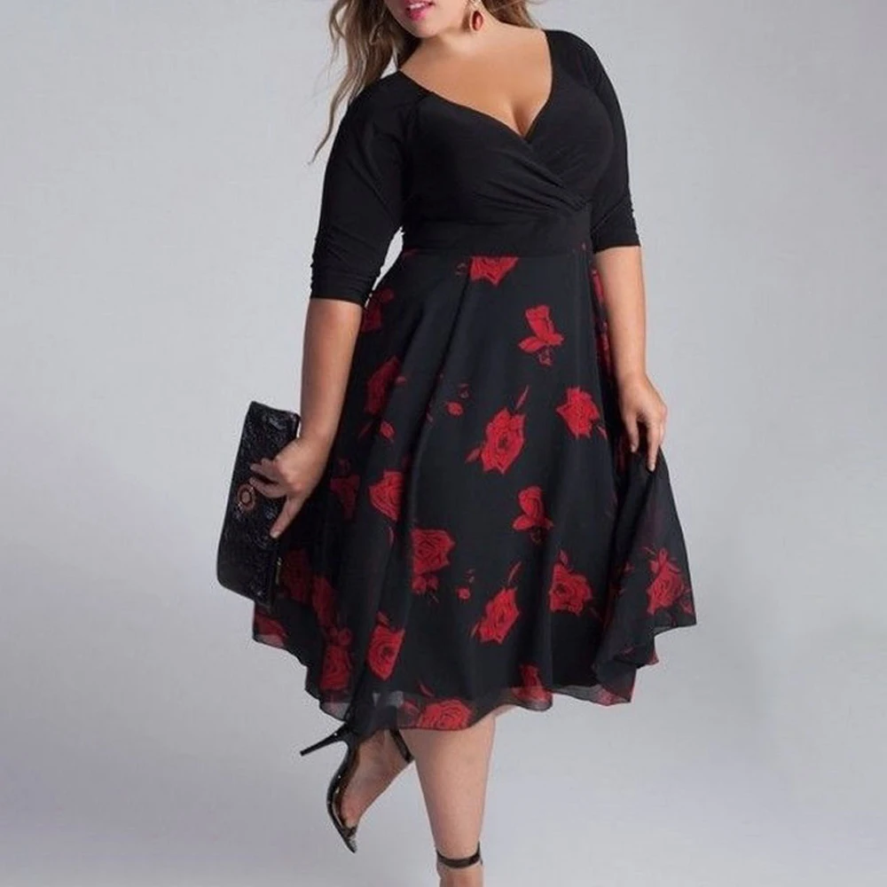 Plus Size L-5XL Gothic Women's Dress Summer Elegant V-neck Printed Chiffon Stitching Half Sleeve A-Line Dress Vintage Vestidos