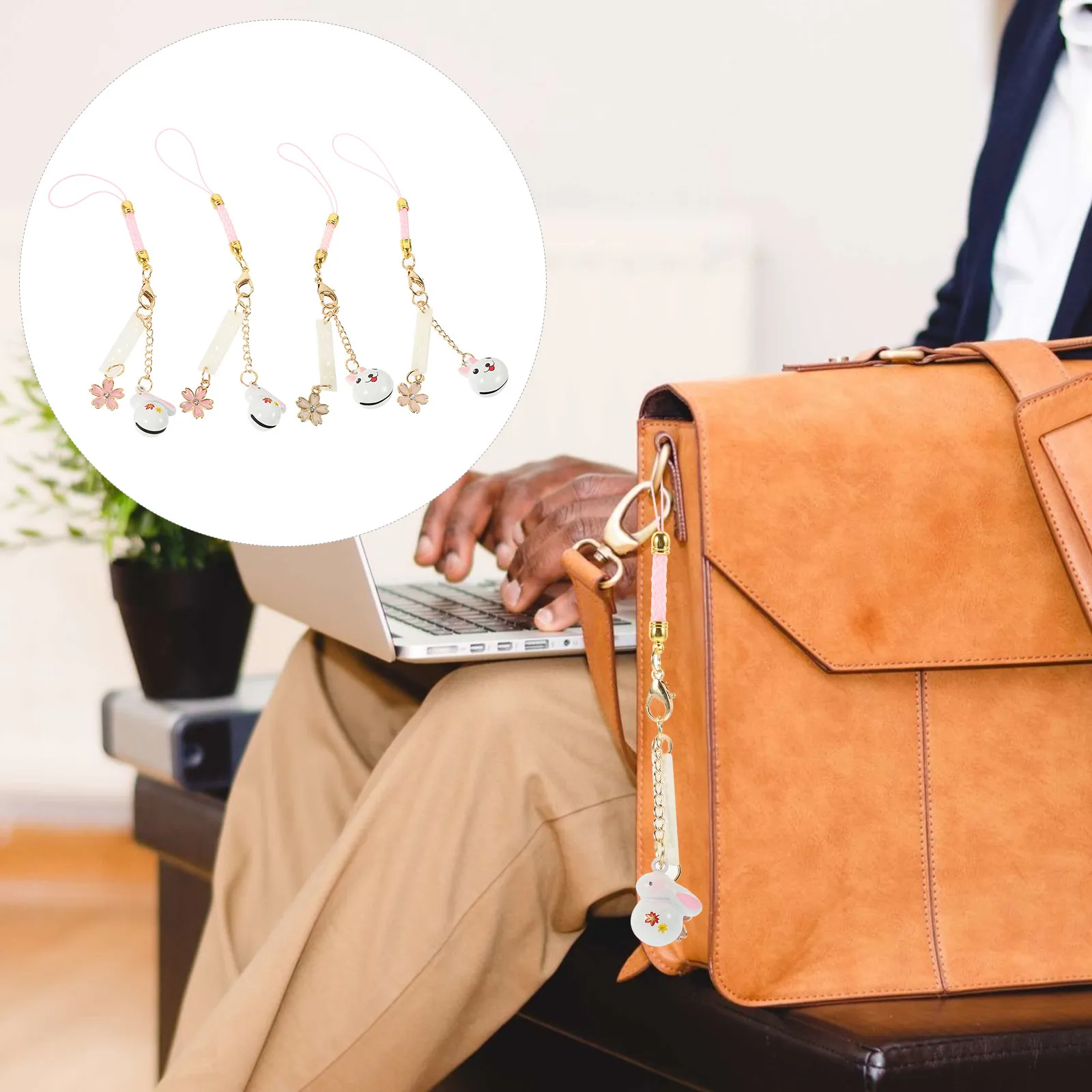 

Набор из 4 подвесок-колокольчиков «Нефритовый кролик» с цветочным узором, декоративные украшения для чехлов телефонов, брелоков, сумок, амулеты, милые подвески для мобильных телефонов