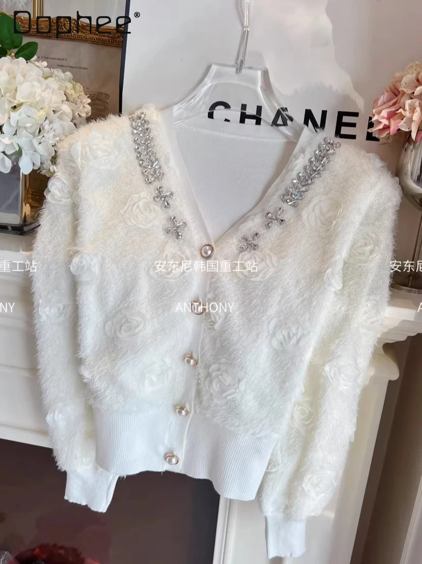 

French Style Sweet V-Neck Plush Tassel Floral Coat Heavy Beading Rhinestone Knitted Cropped Cardigan Women Autumn Winter New