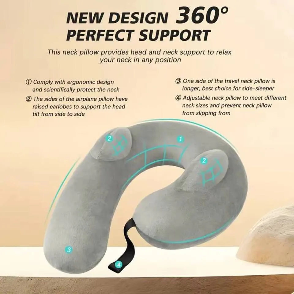 Movable Inflatable Air Pillow Comfortable Polyester Head and Neck Support for Travel Use in Airplane Office Car Outdoor