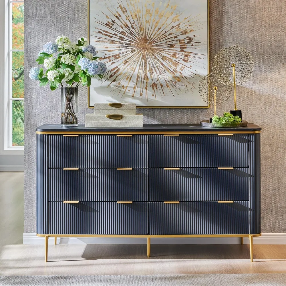 

Fluted 6 Drawers Dresser for Bedroom, 54" Wide Modern Dresser TV Stand, Gold Accents, Fluted Fronts, Wood Storage Dressers Orga