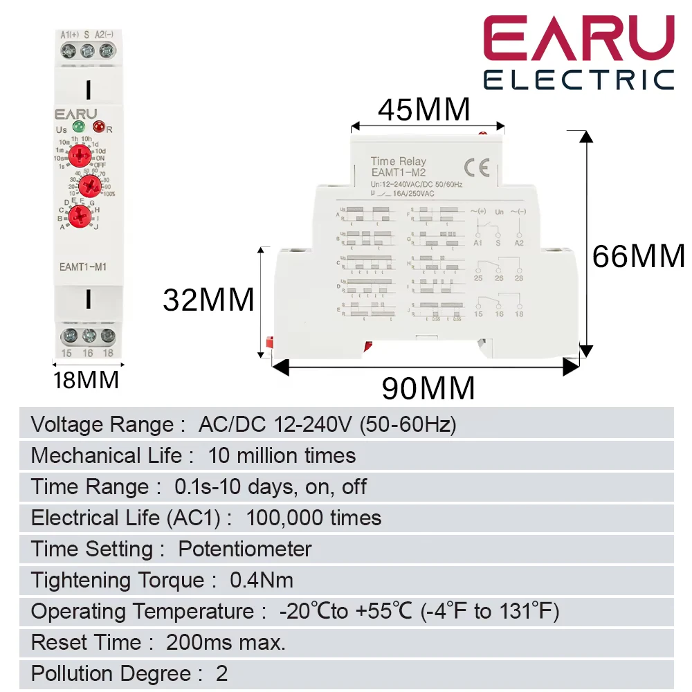 12-240VAC/DC Din Rail Type 0.1 second -10 days Time Delay Relay 16A/250VAC Multifunction Timer Relay with 10 Function Choices