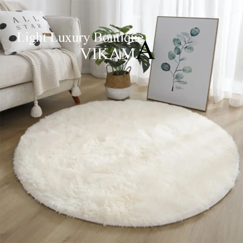 VIKAMA Pure Colour Simple Style Round Silk Hair Carpet Living Room Bedroom Home Decorative Carpet Soft Dirty Resistant Washable