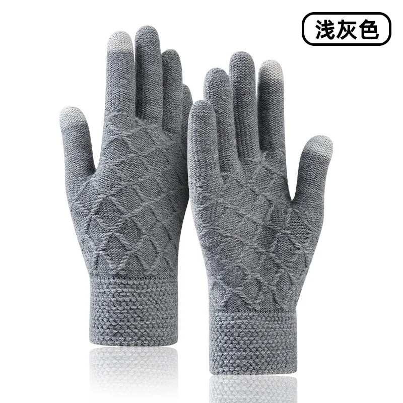 Guantes cálidos de invierno para hombre, a prueba de frío, más terciopelo grueso, pantalla táctil, lana Jacquard, guantes de punto