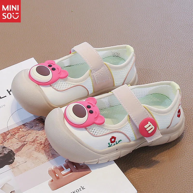 

Miniso 2025 Lotso Bear, парусиновая обувь для девочек, весна-осень, нескользящие повседневные кроссовки с петлей на крючках