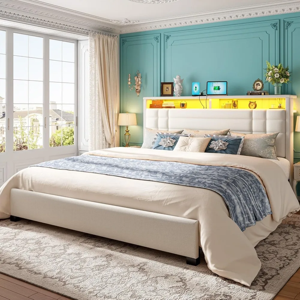 King Size Bed Frame with Charging Station and LED Lights, King Bed Frame with 2-Tier Storage Headboard, Metal Slats