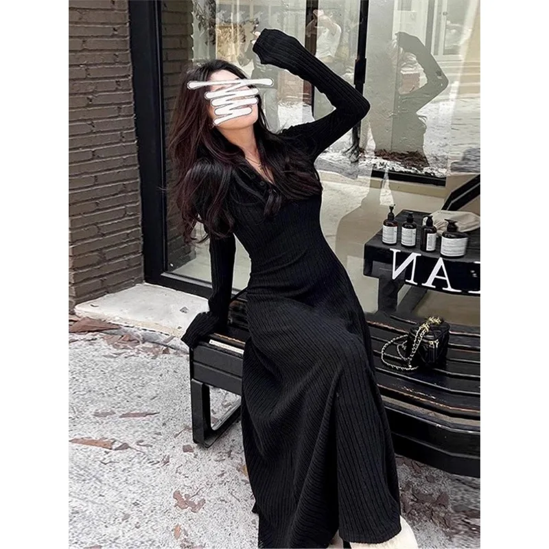 Vestido de punto de manga larga con temperamento de Jersey de Año Nuevo, falda larga ajustada con fondo para otoño e invierno