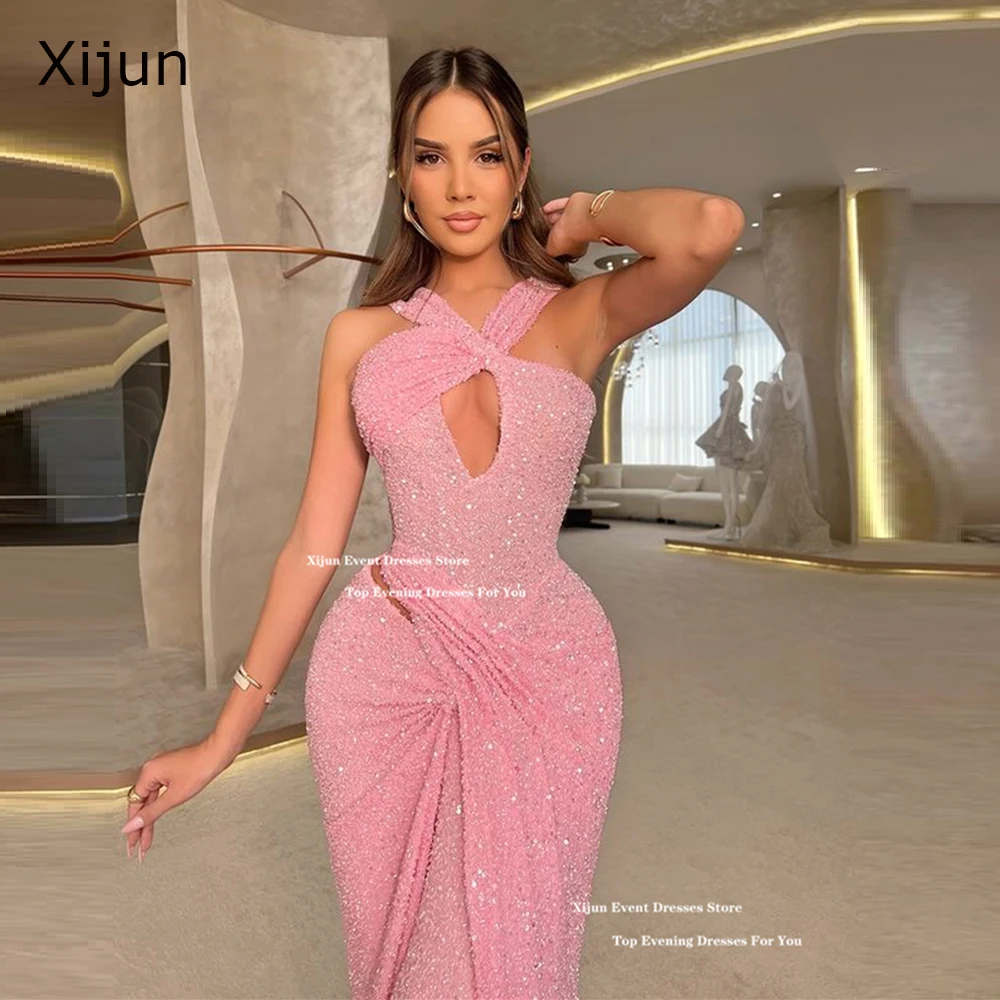 

Xijun Sexy Pink Mermaid Evening Dresses Glitter Sequined Pleats Prom Gowns Sleeveless Floor Length Prom Gowns Formal Customized