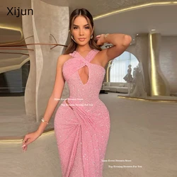 Xijun Sexy Pink Mermaid Evening Dresses Glitter Sequined Pleats Prom Gowns Sleeveless  Floor Length Prom Gowns Formal Customized