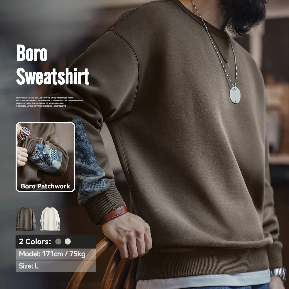 Maden Vintage Boro Patchwork Sweatshirt Casual Round-Neck Tops Men's Classic Pullover for Spring and Autumn Fashion Streetwear