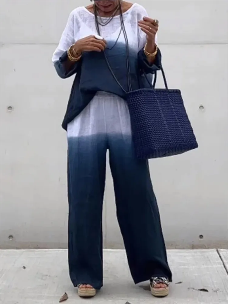 

2 Piece Sets Women Long Sleeve Gradient Color Print Top Elastic Waist Wide Leg Pant Suit Female Fashion Casual Two-Piece Set