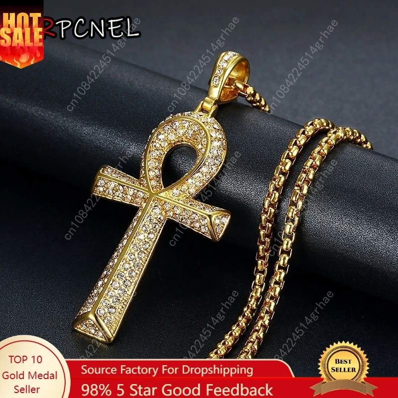 

Gold silver color Micro Cubic Zirconia Anka Egyptian T Shaped Cross Pendant Fashion Iced Out Bling Key Of Life Necklace Jewelry