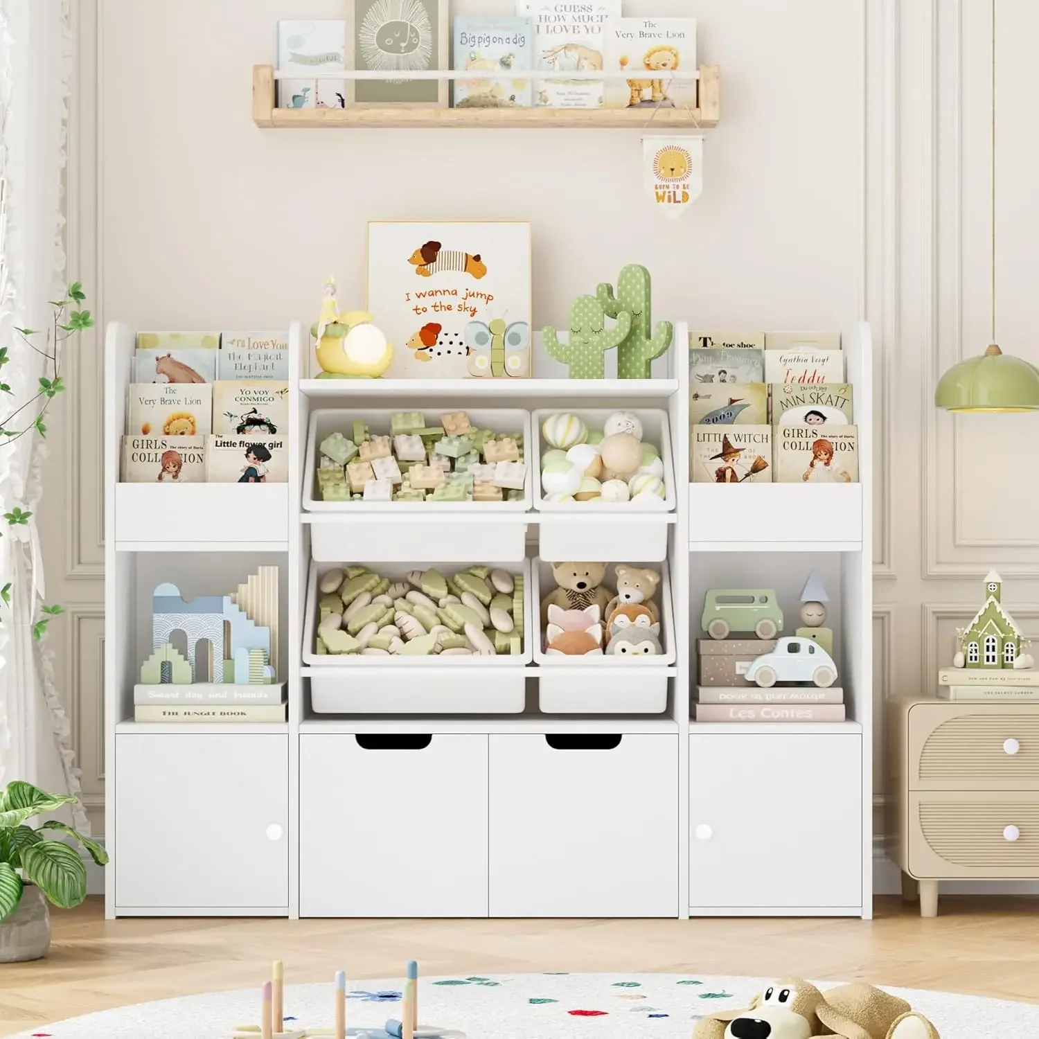 [Nuovo arrivo, spedizione gratuita! ]Grande organizer per giocattoli da 50'' con 4 contenitori per giocattoli, 6 armadietti e 2 cassetti mobili, libreria