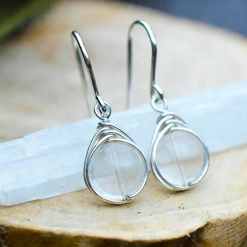 Dainty Female White Moonstone Drop Earrings Transparent Color Dangle Earrings For Women Trendy Bridal Round Wedding Jewelry