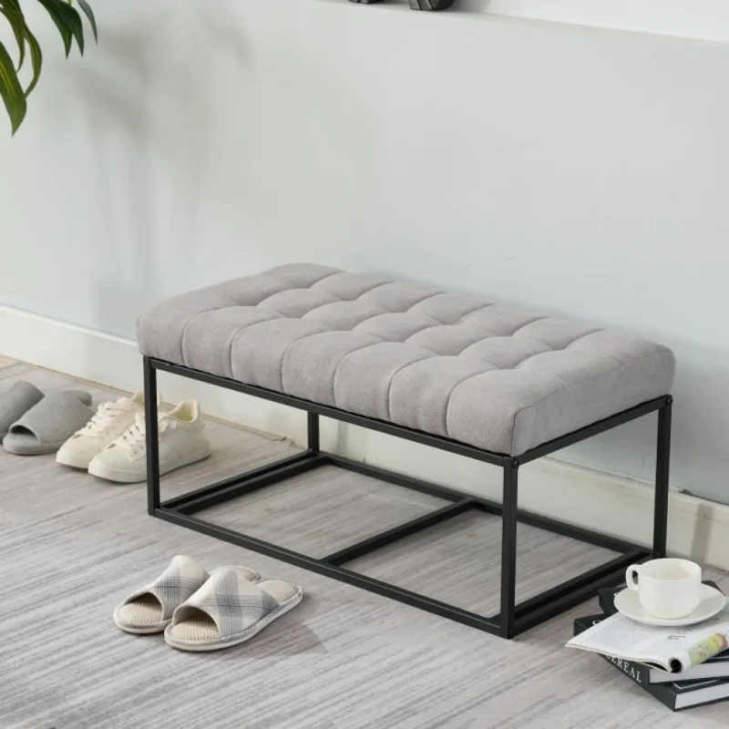 

Gray Tufted Upholstered Bench with Metal Frame Entryway Storage Ottoman Shoe Bench for Living Room Bedroom Hallway