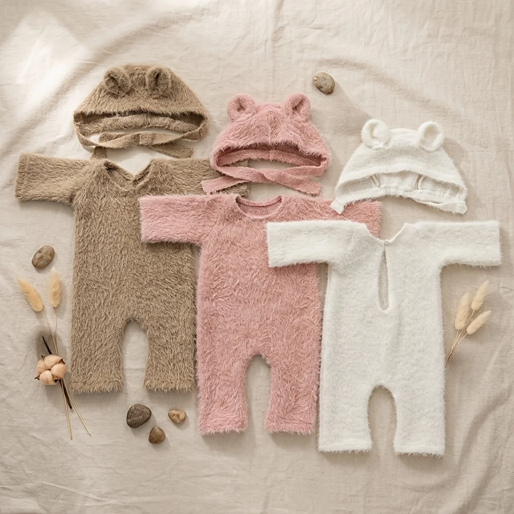 2pcs Newborn Photography Prop Soft Plush Romper Bear Hat Set Cute Baby Outfit for Studio Photo Shooting
