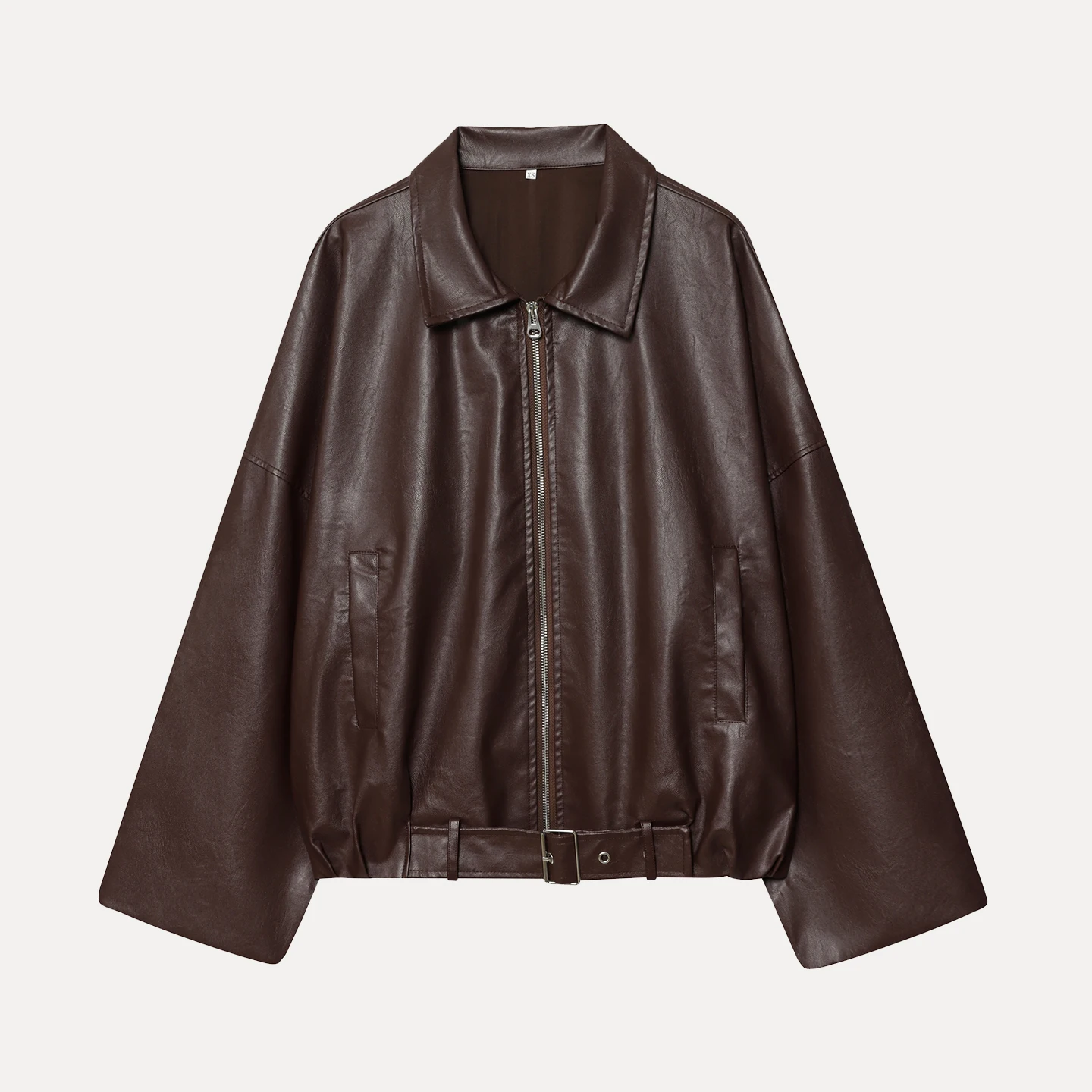 ファッショナブルなレザージャケットコート ポケットとベルト付き レディース 秋の新作 個性的なデザイン 通勤スタイル ルーズフィット 長袖 ジッパー開閉 ショート丈