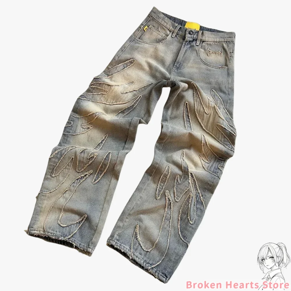 Pantalones vaqueros lavados rasgados con grabado primal pesado para hombre, pantalones Y2k, ropa de calle, pantalones de chándal holgados de