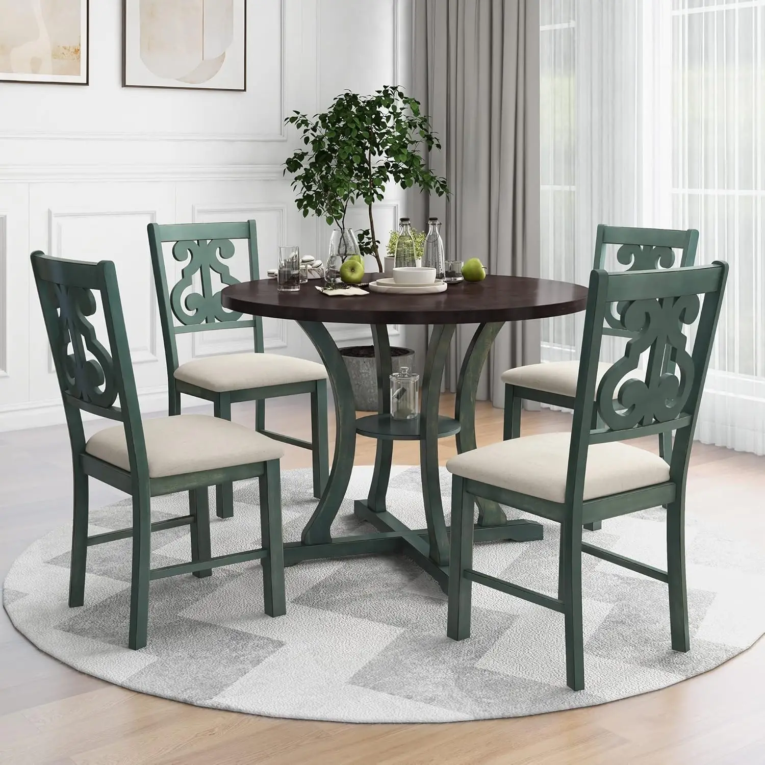 5 Piece Round Dining Table And Chair Set With Special-Shaped Legs And An Exquisitely Designed Hollow Chair Back For Dining