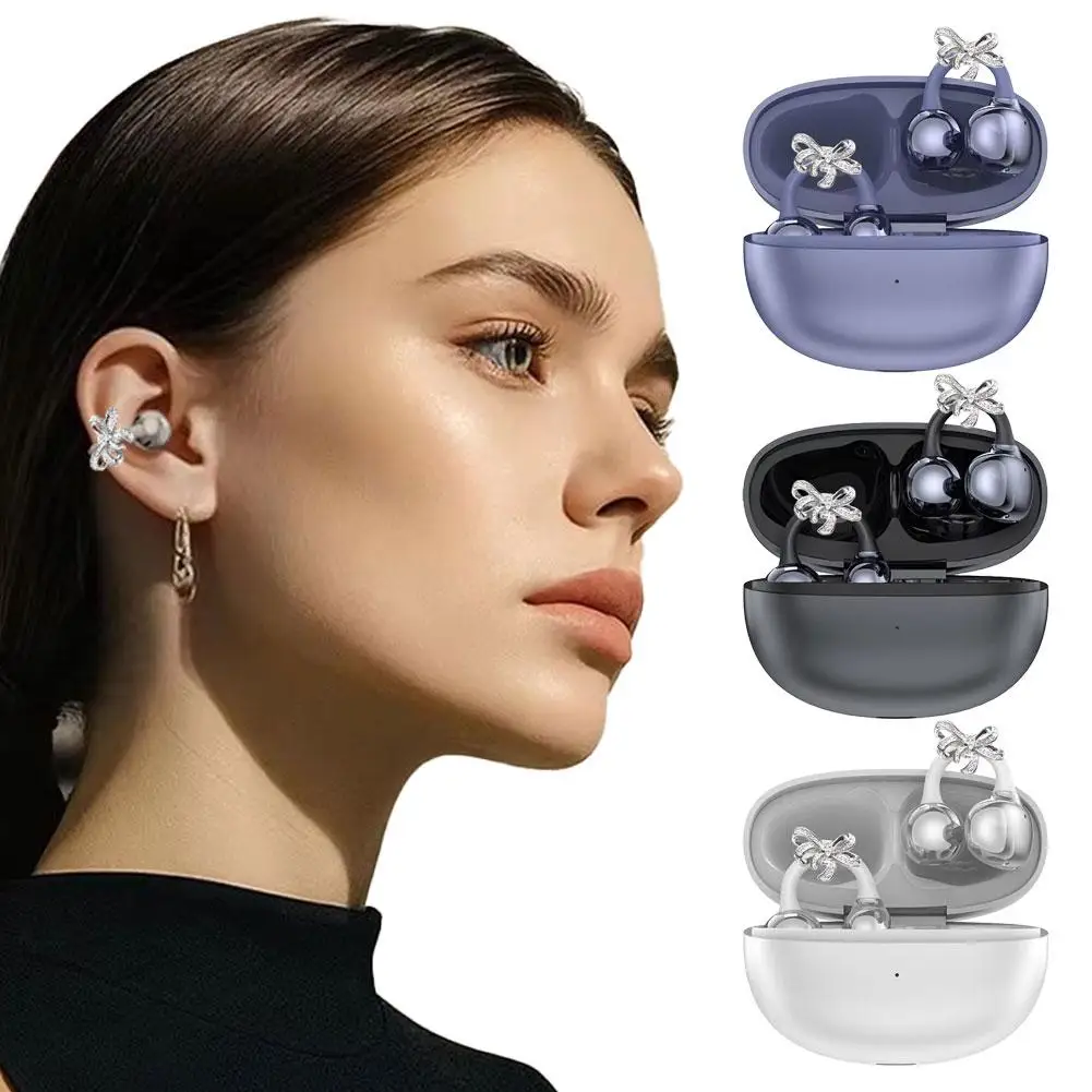 

Clip-on Wireless Earphones Low Latency HD Call Bluetooth Headphones With Sparkling Rhinestone Bowknot Decor Fashion Earbuds