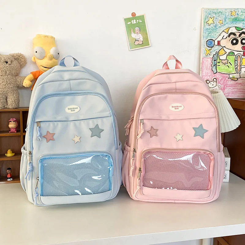 Ita Backpack New Girls Large School Bag Pink White Black Kawaii Nylon Backpack Women Transparent Pocket Itabag Mochila Sac 2024