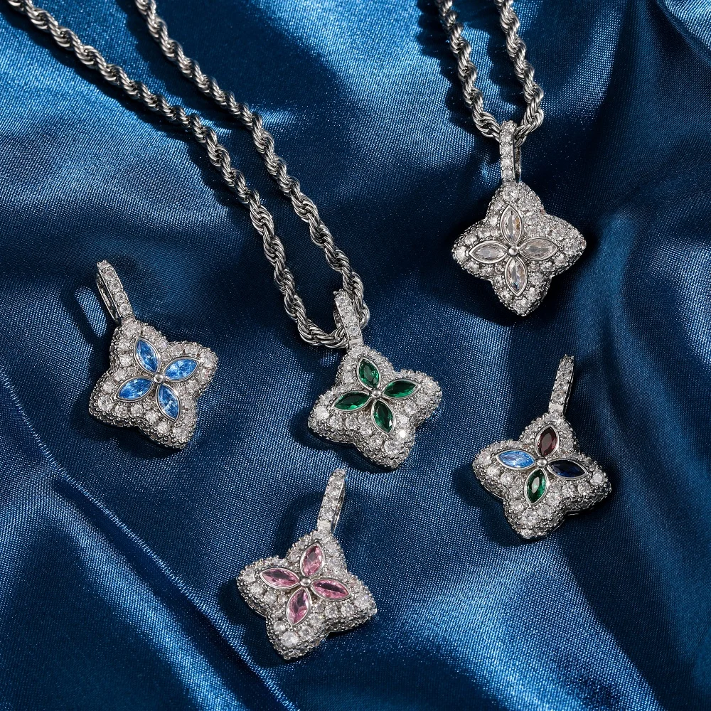 Naszyjnik z zawieszką w kształcie kwiatka z lodowym błękitem i cyrkoniami sześciennymi 5A+, modny naszyjnik z łańcuszkiem typu rope, luksusowy prezent w stylu hiphop dla kobiet i mężczyzn.