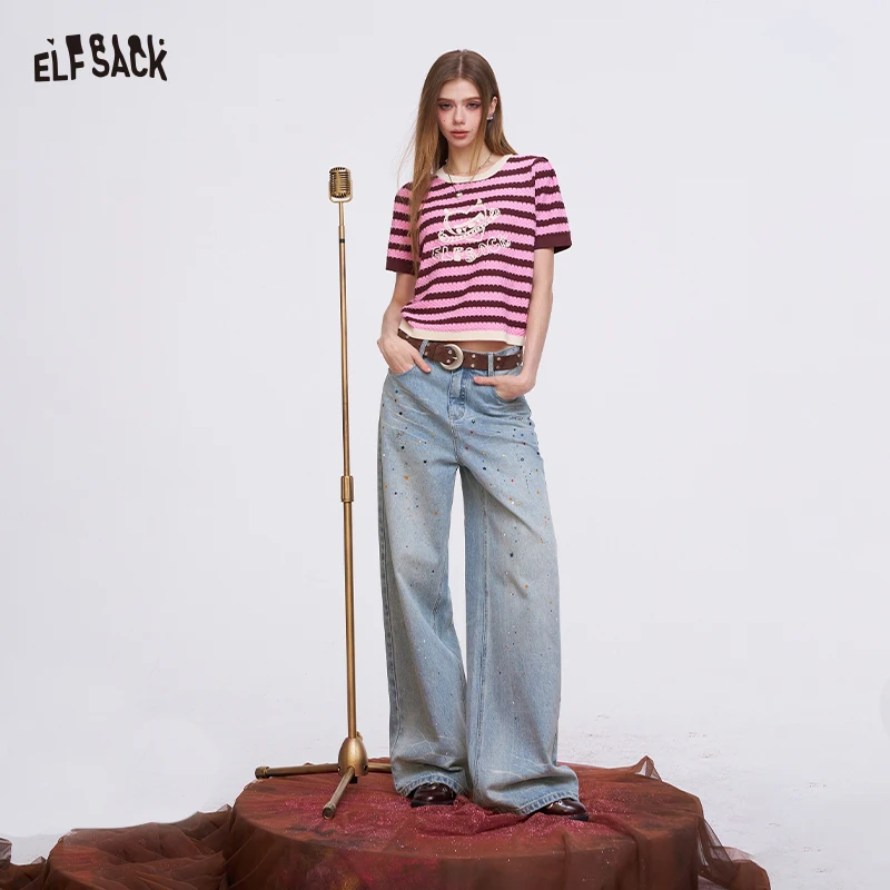 ELFSACK Vintage Washed Colorful Sequin High-Waist Casual Loose Straight Leg Jeans for Women