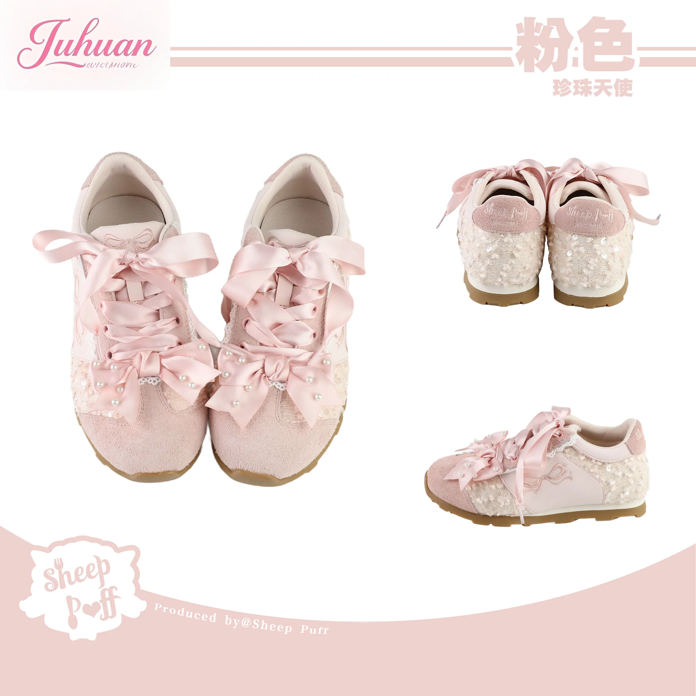 Japanese Silk Ribbon Bow Pearl Casual Shoe Girl Versatile Sequined Bow Sneakers Comfortable Versatile Sweetheart Lolita Lo Shoe