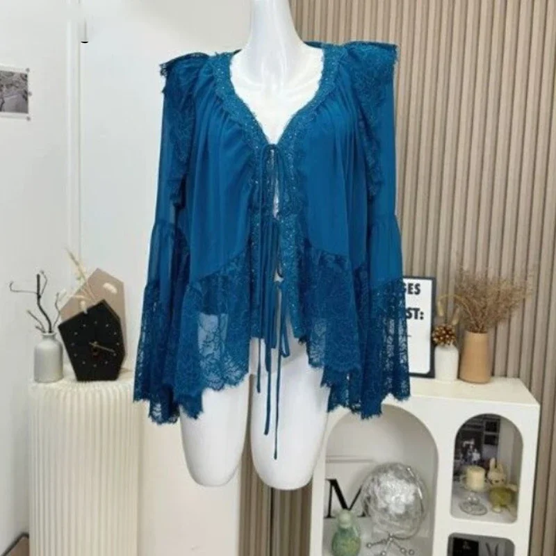 

Vintage Women Shirt Temperament Blouses 2025 Blusas Mujer De Moda V-neck Flare Sleeve Patchwork Lace Bandage Loose Blouse Tops